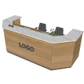 Wooden Reception Desk With White Countertop LOGO Black Chairs And Small Plant