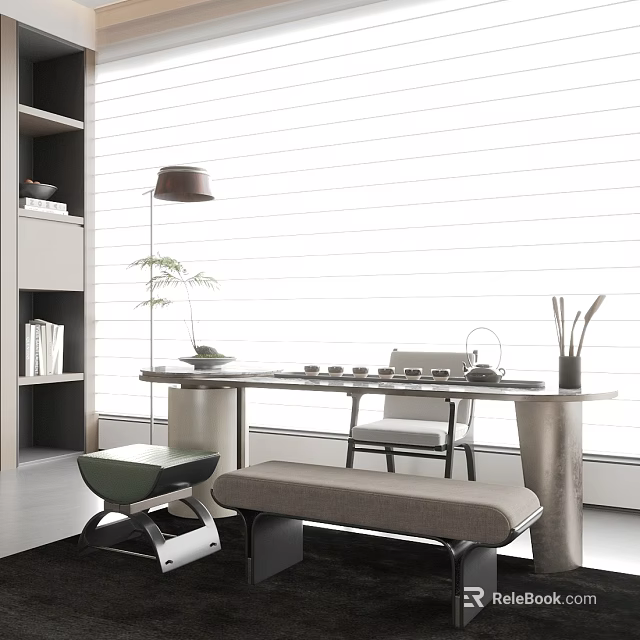 Elegant Modern Tea Room Interior Design With Wooden Table Tea Set Window Blinds And Natural Light 3d model 