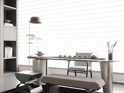Elegant Modern Tea Room Interior Design With Wooden Table Tea Set Window Blinds And Natural Light 3d model