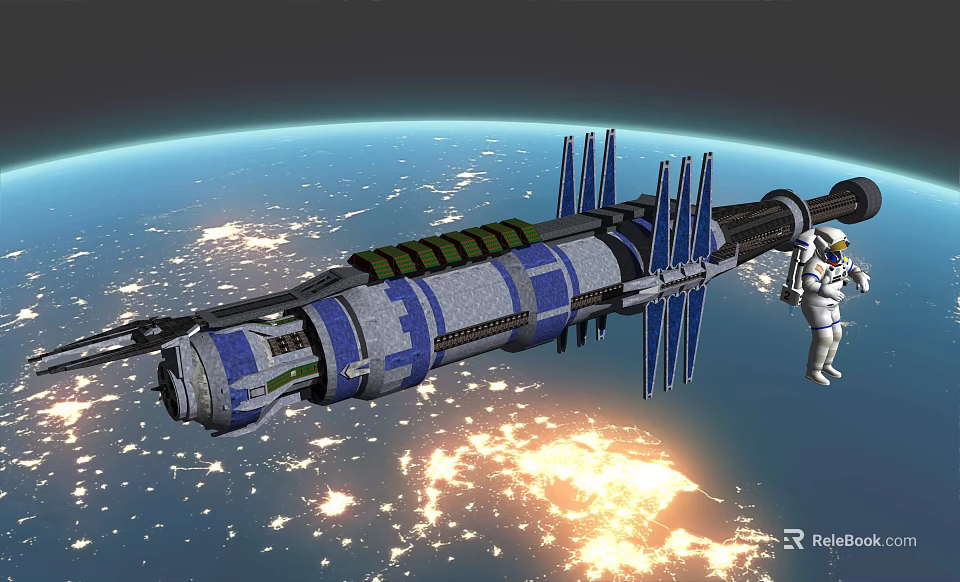 Astronaut Floating Near Space Station in Earth Orbit With City Lights 3d model 