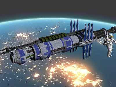 Astronaut Floating Near Space Station in Earth Orbit With City Lights 3d model