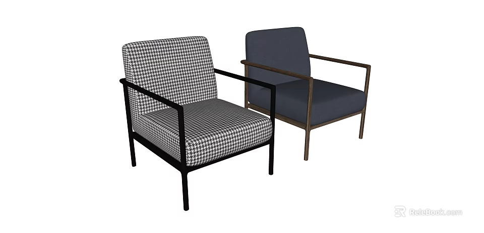 Modern Single Sofa Designs With Checkered Pattern Navy Blue Upholstery And Metal Armrest Frames 3d model