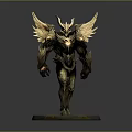 Detailed Dark Armor Statue With Golden Wings And Horns On Round Base