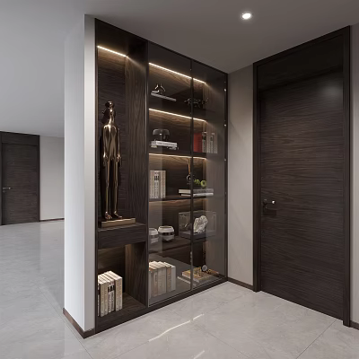 Modern Minimalist Decorative Cabinet With Glass Doors Shelves Books Decorations And Built In Lighting 3d model