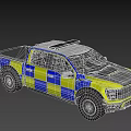 Police Truck With Blue And Yellow Checkered Design And Roof Emergency Lights