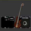 Electric Bass Guitar With Two Black Music Amplifiers And Audio Equipment Setup