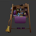 Rustic Wooden Craft Workbench with Shelves Tools and Purple Cloth Supplies