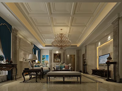 Luxury Traditional European Style Living Room With Gorgeous Crystal Chandelier And Premium Marble Interior Design 3d model