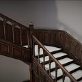 Classic Wooden Spiral Staircase With Carved Railings And Paneled Walls