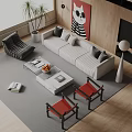 Modern Striped Sofa And White Coffee Table With Red Chairs Gray Rug And Floor Lamp