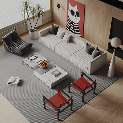 Modern Striped Sofa And White Coffee Table With Red Chairs Gray Rug And Floor Lamp 3d model