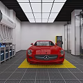 Red Sports Car In Auto Repair Shop With Tire Racks Tool Cabinets And Equipment