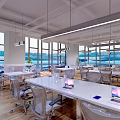 Modern Public Office Space With White Long Desks Gray Chairs And Large Windows View