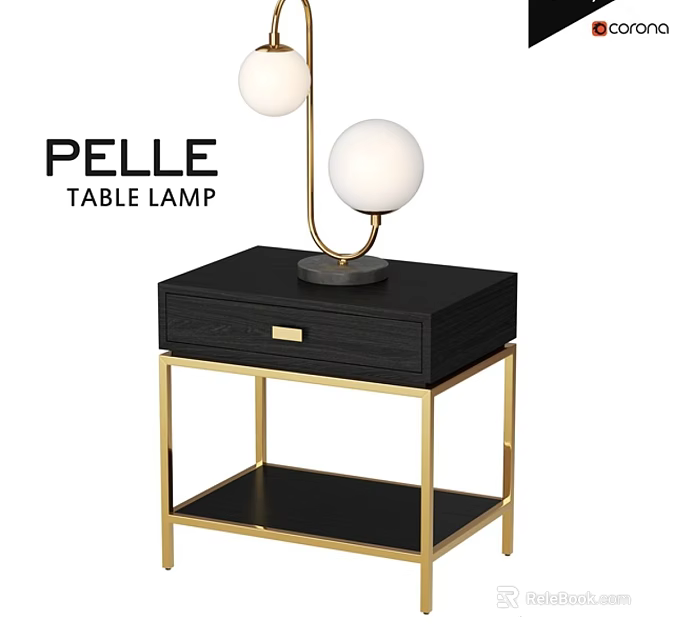 Pelle Table Lamp With White Globe Shades On Black Nightstand With Golden Frame And Drawer 3d model 