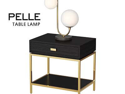 Pelle Table Lamp With White Globe Shades On Black Nightstand With Golden Frame And Drawer 3d model