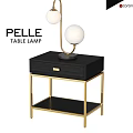 Pelle Table Lamp With White Globe Shades On Black Nightstand With Golden Frame And Drawer