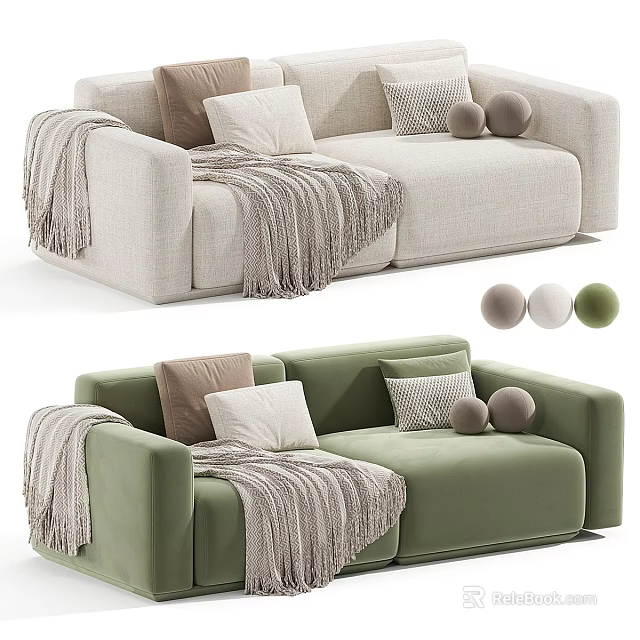 Modern Cozy Sofa Designs With Beige And Green Upholstery Pillows Throw Blanket And Decorative Balls 3d model 