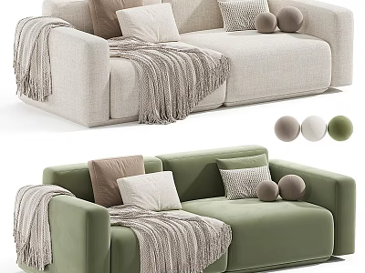 Modern Cozy Sofa Designs With Beige And Green Upholstery Pillows Throw Blanket And Decorative Balls 3d model