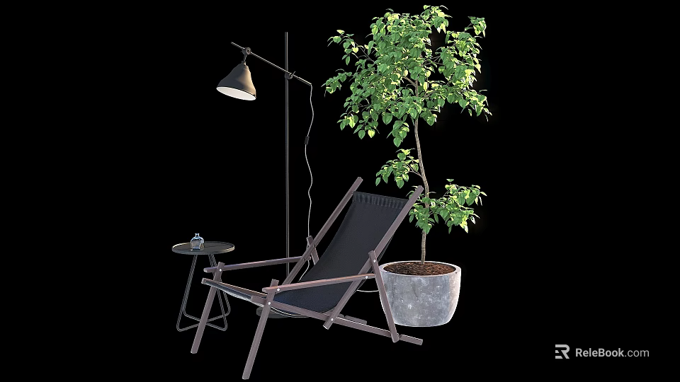 Cozy Lounge Chair With Floor Lamp Side Table And Potted Tree 3d model 