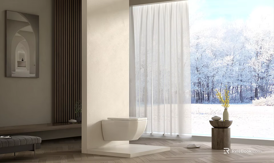 Modern Bathroom Interior With White Toilet Large Window Wooden Elements And Snowy View 3d model 