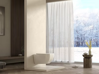 Modern Bathroom Interior With White Toilet Large Window Wooden Elements And Snowy View 3d model