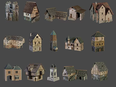 Medieval Architectural Building Models With Varied Roofs And Stone Wood Structures 3d model
