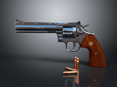 Classic Chrome Revolver With Polished Wooden Grip And Metal Barrel Near Bullets 3d model