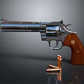 Classic Chrome Revolver With Polished Wooden Grip And Metal Barrel Near Bullets