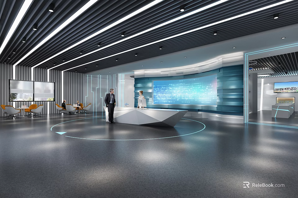 Modern Reception Desk Interior Design With Digital Screens And Receptionist In Lobby Area 3d model 