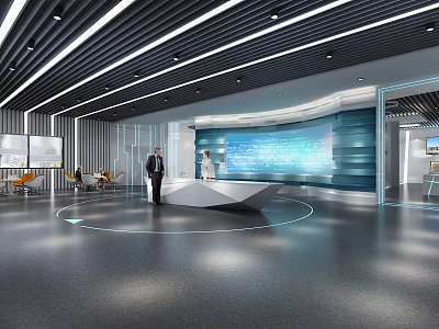 Modern Reception Desk Interior Design With Digital Screens And Receptionist In Lobby Area 3d model