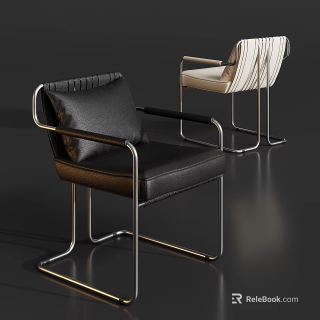Modern Single Chair With Black Leather Upholstery And Metal Frame Design 3d model 