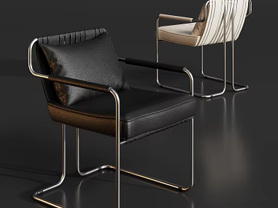 Modern Single Chair With Black Leather Upholstery And Metal Frame Design 3d model