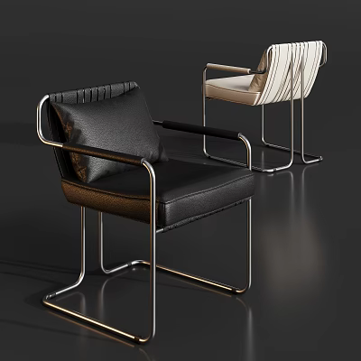 Modern Single Chair With Black Leather Upholstery And Metal Frame Design 3d model