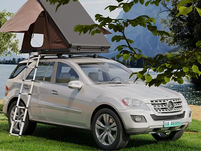 Stunning Mountain Lake Scenery With Silver SUV Roof Tent On Grassland 3d model