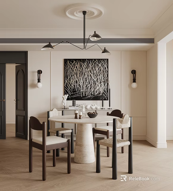 Simple Style Restaurant Interior With Round Table Chairs Pendant Light And Decorative Painting 3d model 