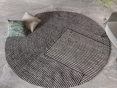 Stylish Round Rug With Black And White Striped Geometric Patchwork Design For Living Room 3d model