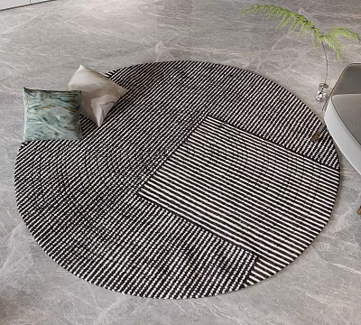 Stylish Round Rug With Black And White Striped Geometric Patchwork Design For Living Room 3d model
