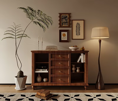 Wooden Entryway Cabinet Sideboard Featuring Storage Drawers Decorative Items Floor Lamp And Potted Plant 3d model