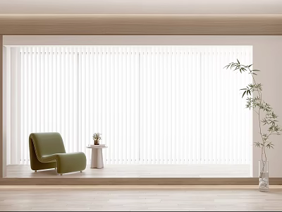 White Vertical Blinds in Modern Living Area with Green Chair Small Round Table Bamboo Plant 3d model