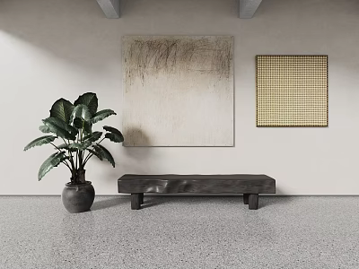 Interior Decor Scene With Abstract Painting Grid Art Plant And Wooden Bench 3d model