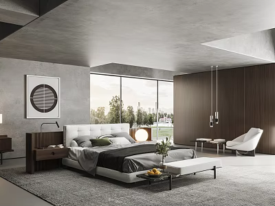 Modern Bedroom Interior Design With King Size Bed Green Gray Pillows Large Windows City View 3d model