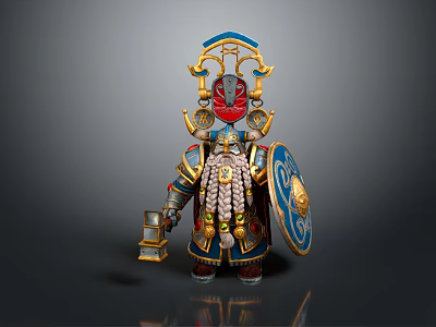 Mythical Character In Elaborate Blue Gold Armor With Ornate Headdress Red Mask Shield And Lantern 3d model