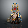 Mythical Character In Elaborate Blue Gold Armor With Ornate Headdress Red Mask Shield And Lantern