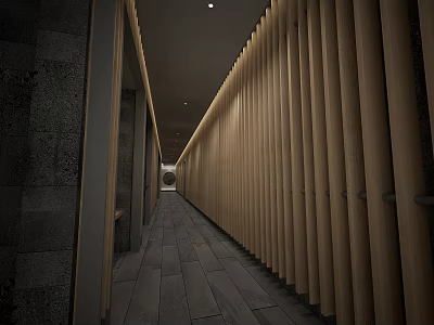 Modern Elevator Corridor Design With Wooden Slat Walls And Stone Tile Floor 3d model