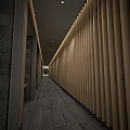 Modern Elevator Corridor Design With Wooden Slat Walls And Stone Tile Floor