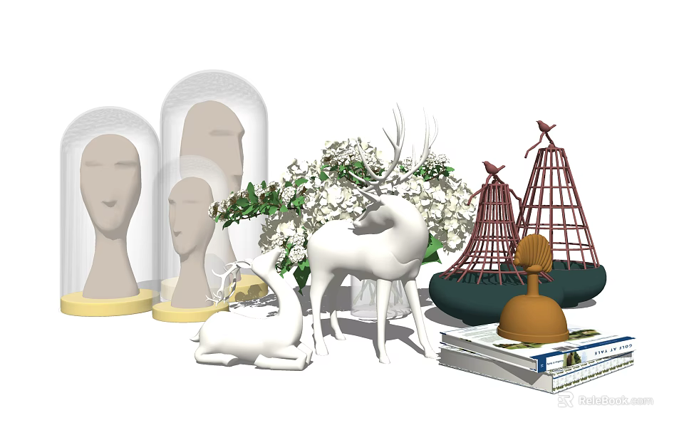 Elegant Decorative Ornament Set with Transparent Covers White Deer Green Plants Red Structures and Books 3d model 