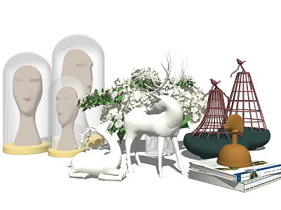 Elegant Decorative Ornament Set with Transparent Covers White Deer Green Plants Red Structures and Books 3d model