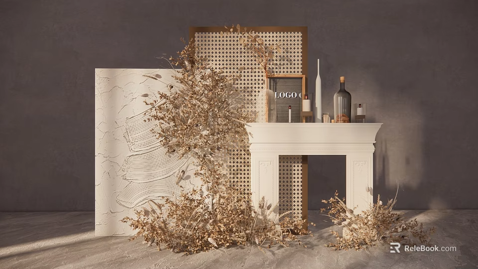 Floral Art Display With Beige Floral Arrangements White Fireplace Perforated Screen And Decorative Bottles 3d model 