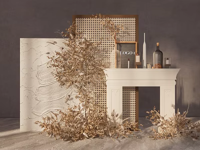 Floral Art Display With Beige Floral Arrangements White Fireplace Perforated Screen And Decorative Bottles 3d model