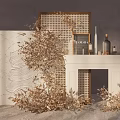 Floral Art Display With Beige Floral Arrangements White Fireplace Perforated Screen And Decorative Bottles